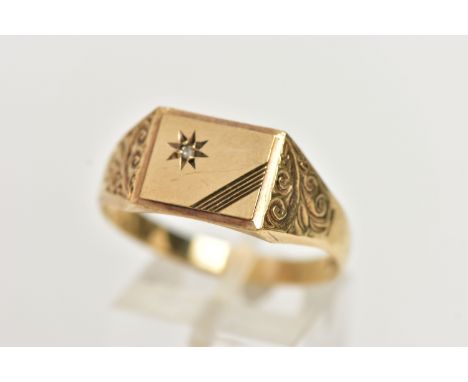 A GENTS 9CT GOLD DIAMOND SET SIGNET RING, of a rectangular form, with a star set single cut diamond, with engraved line detai