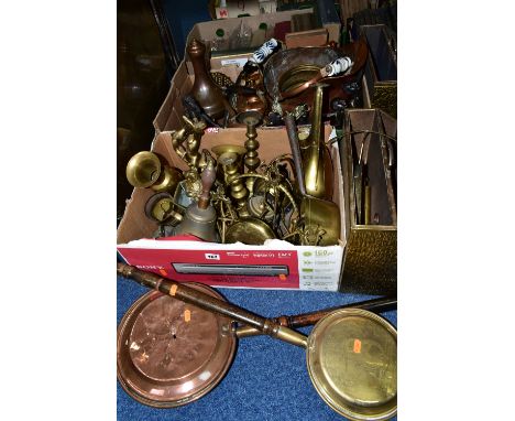 TWO BOXES AND LOOSE BRASS AND COPPER WARES, to include large circular trays largest 69cm diameter, a brass figural sculpture 