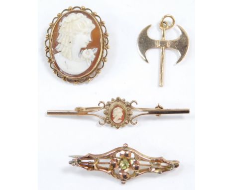 A 9ct gold and shell cameo brooch, bust portrait of a lady, bar brooch, bust portrait of a lady, a Victorian 9ct gold and per