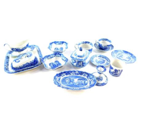 A group of Spode blue and white miniature pottery, transfer decorated in the Italian pattern, including a sucrier and cover, 