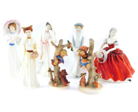 Four Royal Doulton figures, comprising Catherine In Spring HN3006., Sarah In Winter HN3005., Emily In Autumn HN3004., and Lil