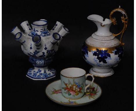 A Kerr &amp; Binns Worcester porcelain coffee cup and saucer, Delft tulipiere and a Heubach Gebruder late 19thC blue and whit