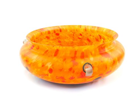 An Art Deco mottled orange and blue glass ceiling light, with three frost glass nodules, holding suspension chains, 43cm diam