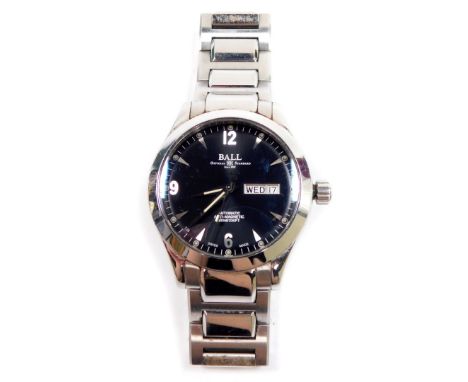 A Ball Official Standard gentleman's stainless steel cased wristwatch, circular black dial bearing Arabic numerals at quarter