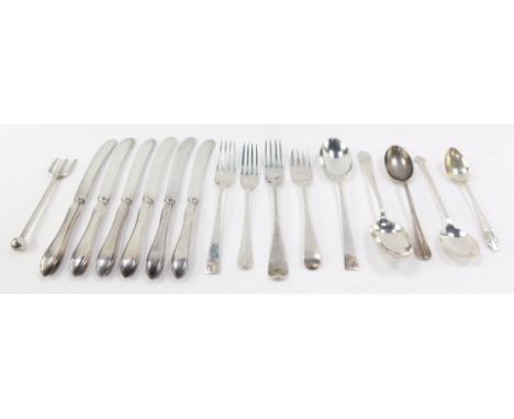 A set of six George V silver handled cake knives, Sheffield 1920, George V silver fork and spoon, London 1925, further spoons