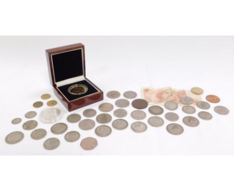 Coinage, to include a London Mint gold plated 2012 five pound coin., a Queen Elizabeth II five pound commemorative coin for 1