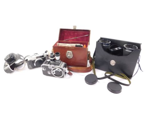 A pair of Miranda 10x50 binoculars, a Konica C35 camera and a Paillard Bowlex B8 cine camera. (3)
