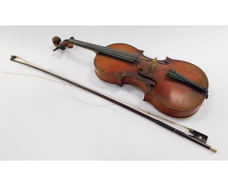 A violin, with single piece back, 35cm, and bow. (2)