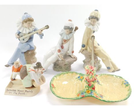 Three Nao porcelain figures of mandolin players, comical figural match striker ashtray "Scratch Your Match On My Patch..."  a