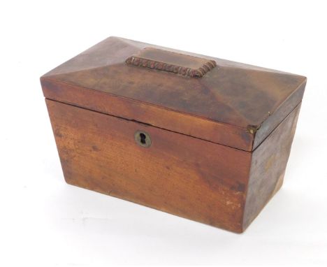 A Regency mahogany sarcophagus shaped tea caddy, the hinged lid enclosed two lidded divisions, 27cm wide.