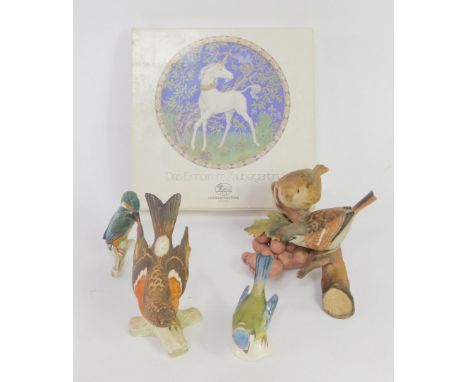 A group of Goebel porcelain birds, to include blue tit, and a Hutchenreuther unicorn collector's plate. 
