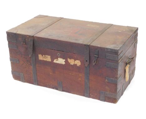 An Eastern metal bound teak and brass bound silver trunk or case, bearing name to top, K Horwood 4, 99cm wide.