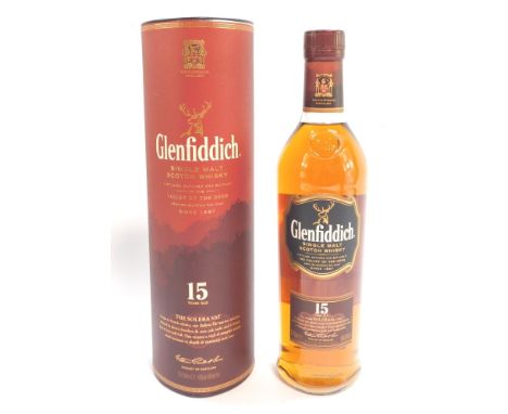 A bottle of Glenfiddich Single Malt Scotch Whisky, 15 years old, boxed.