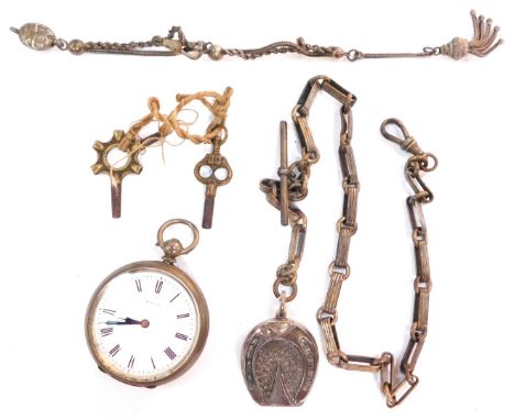 A Baume silver cased pocket watch, open faced, key wind, circular enamel dial bearing Roman numerals, the case with foliate e