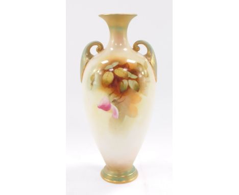 A Royal Worcester porcelain twin handled vase, painted with roses, on a blush ivory ground, printed marks in puce to undersid