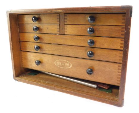 A Moore &amp; Wright oak cased mechanical tool chest, containing micrometres, calipers and other precision instruments, the f