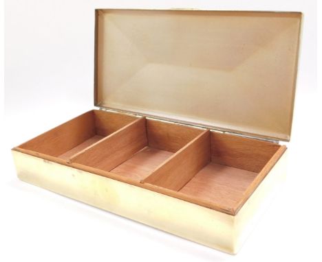 A State Express Cigarettes brass cigarette box, with engine turned decoration, three section interior, impressed marks, 25.5c