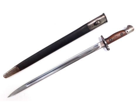 A Wilkinson 1907 bayonet, with scabbard, bears marks.