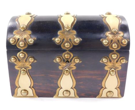 A Victorian coromandel dome top tea caddy, with brass strap work, 18cm wide.