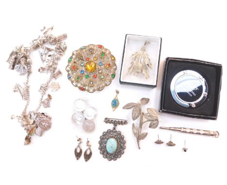 Silver and costume jewellery, to include curb link charm bracelet, Victorian threepenny bit coin brooch, and a filigree brooc