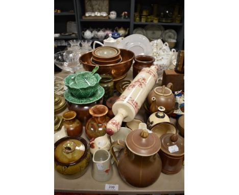 A mixed lot of kitchenalia and vases, to include earthenware jars, trivet, copper basin and more.