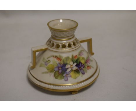 A fine Royal Worcester posy vase, decorated with flowers having Greek handles on four footed base dated 1881