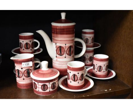 A mid century Rye Monastery Cinque ports pottery part coffee service in a red and white design