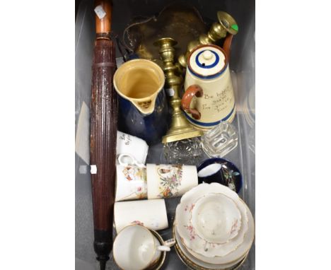 A mixed lot of items, to include brass candlesticks, parasol, cups and saucers, crumb tray and more.