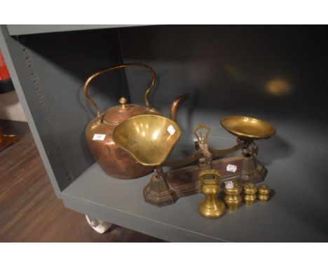 A set of Fairbanks kitchen balance scales with brass weight set and a copper stove kettle