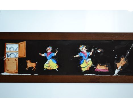 Mid-19th Century  Mahogany-Mounted Long Magic Lantern Slides,  hand-painted comic, 370mm x 100mm, G, but some damage to glass