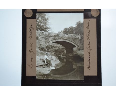 3¼sq in Magic Lantern Slides,  UK topographical, good quality amateur, including Devon, in wooden box, circa 1900, F-G (apx. 