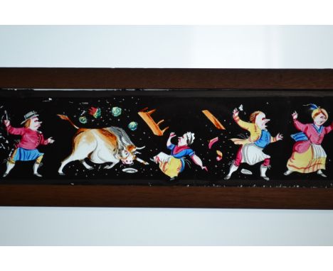 Mid-19th Century  Long Magic Lantern Slides,  mahogany-mounted hand-coloured comic, 100mm x 370mm, F-G (9);  and paper-mounte