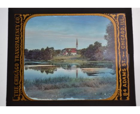 3¼sq in Square Magic Lantern Slides,  collection of story sets and topographical, with litho toy sliders (qty)
