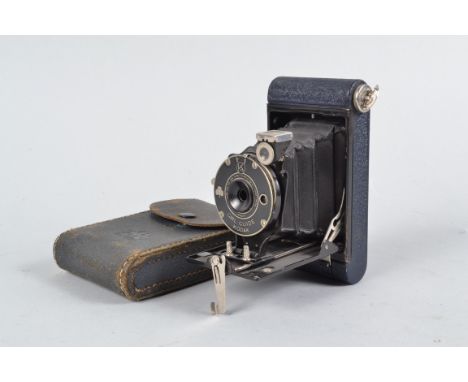 A Girl Guide Kodak Folding Camera, 6 x 4.5cm on 127 film, in dark blue crackle enamel, Girl Guide emblem on baseboard, shutte