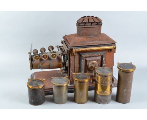 An early 20th Century mahogany and brass Magic Lantern probably by Wrench,  with triple-extension 14in lens, double-extension