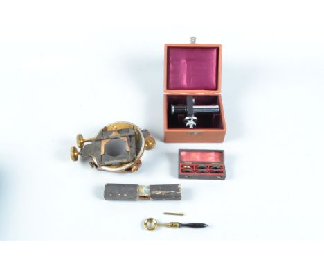 Microscope Parts, including early 19th Century Simple Pocket Microscope, incomplete, in card case, G; 20th Century Leitz blac