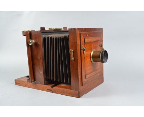 A Liesegang 18 x 18cm Mahogany Tailboard Camera, square-cornered parallel bellows, maker's plate printed 'ED. LIESEGANG DÜSSE