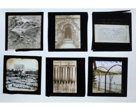 Magic Lantern Slides,  mid-19th Century hand-painted mahogany-mounted long slides (8), with unmounted (2), in maker's wooden 