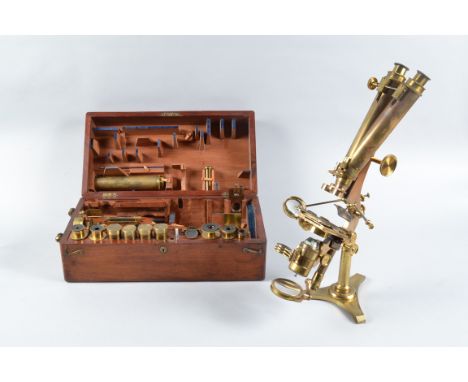 A mid-19th Century lacquered brass Smith &amp; Beck 'First-Class No. 2 Stand' Binocular Microscope,  with two pairs of eyepie