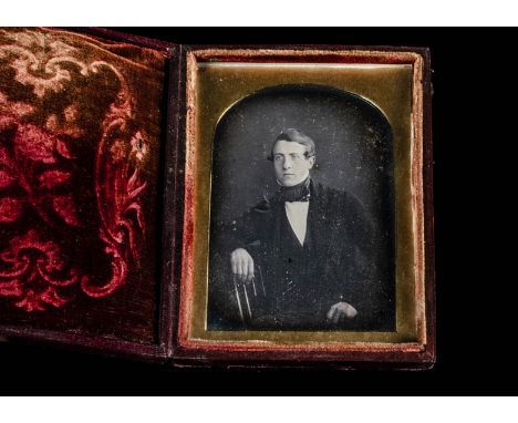 Mid-19th Century Cased Portrait Daguerreotypes, sixth-plate of slightly fierce middle-aged gentleman, probably American, G, s