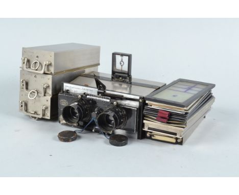 A Gaumont Grand Prix 1900 Stereo Camera, serial no 10669, aluminium body, body G, some brassing, shutter working, focus and a