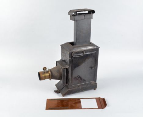  A 19th Century black-painted and Russian Iron Magic Lantern,  with brass rack and pinion lens, and four-wick oil illuminant 