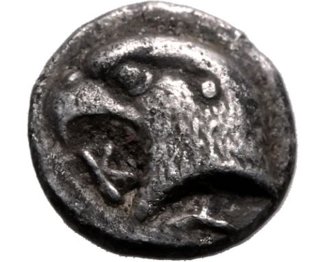 ANCIENT GREECE. AEOLIS, KYME. Silver hemiobol, circa 480-450 BC. Obv: eagle head left; K-Y flanking. Rev: quadripartite incus
