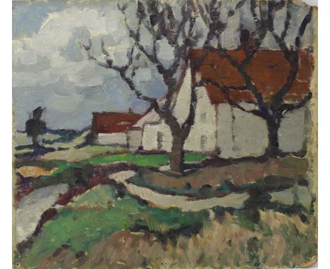 Constance Bradshaw ROI, RBA, APSWA, STISA, SWA (1872-1961) A country Landscape, with white was buildings, oil on board, 35cm 