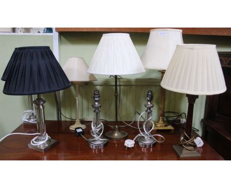 Laura Ashley seven various table lamps, some with shades plus another brass column lamp ( all tested )