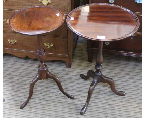 Two reproduction mahogany saucer topped tripod wine tables 58.5 cm high