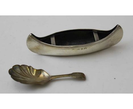 A late Victorian silver canoe, Birmingham 1899, 12.5cm, together with an Exeter 1827, silver caddy spoon, combined weight 55g