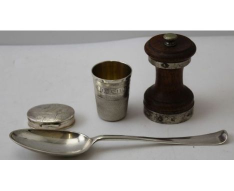 A Scottish silver table spoon, together with a silver "Just a thimbleful", a silver pill box, and a silver banded rosewood pe