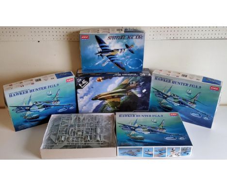 Five boxed 1/48 scale Academy Hobby Model Kits; #12294 F-4C "Vietnam War", #2169 Hawker Hunter FGA.9 x3 and #2157 Spitfire MK