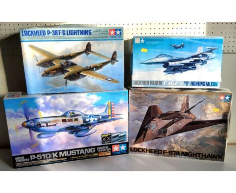 A Boxed Tamiya USA Air Force 60323 1/48th Scale Lockheed F-117A Nighthawk; no98 Lockheed Martin F16CJ, 120 Lockheed P-38 F/G 